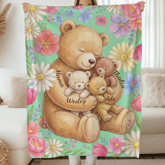 Personalized Mama Bear Blanket TeddyBear Custom Personable Name Personally Customized Motherly Mothers Day Gift Mom Grandma Birthday