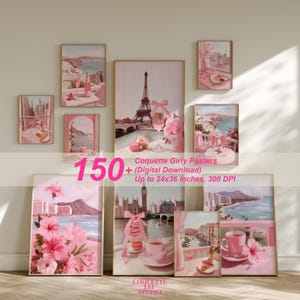 May include: A collection of framed art prints in shades of pink, featuring scenic views and Parisian themes. The prints include images of the Eiffel Tower, coastal landscapes, and floral arrangements. The text on the image says "Coquette Girly Posters".