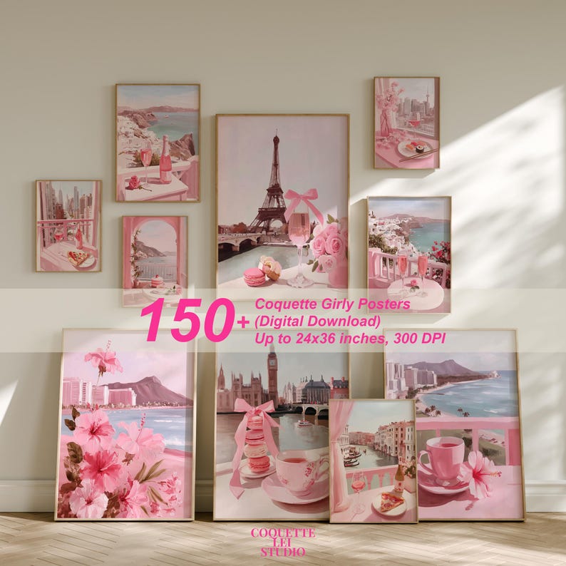 May include: A collection of framed art prints in shades of pink, featuring scenic views and Parisian themes. The prints include images of the Eiffel Tower, coastal landscapes, and floral arrangements. The text on the image says "Coquette Girly Posters".