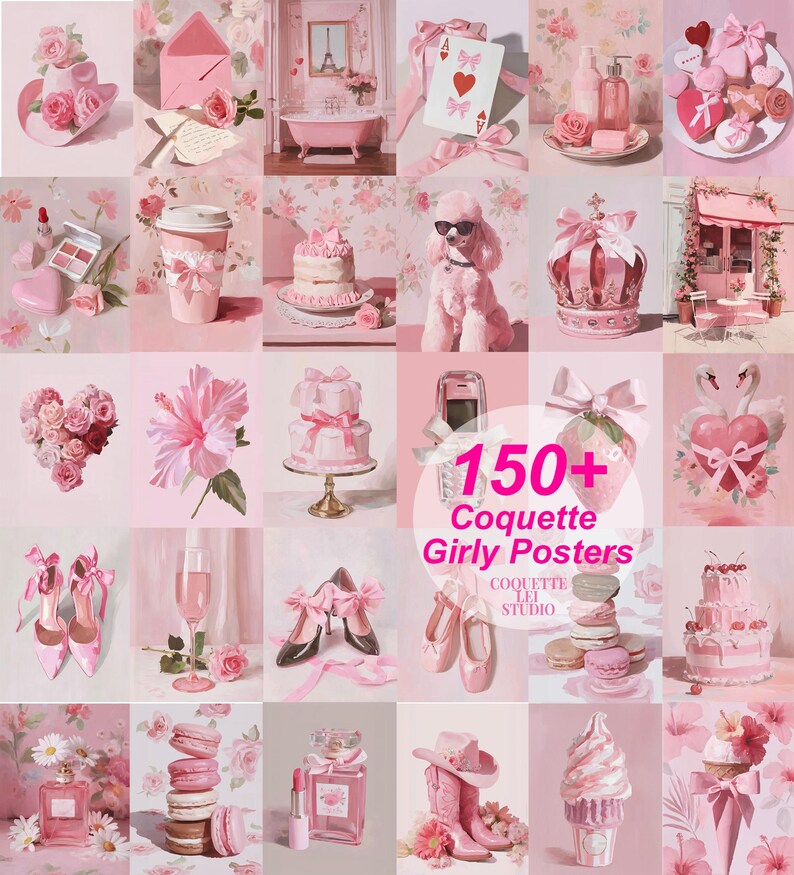 May include: A collage of pink-themed images, including cakes, shoes, perfume, and a poodle wearing sunglasses. The text "150+ Coquette Girly Posters" is displayed in the center, promoting a collection of posters.