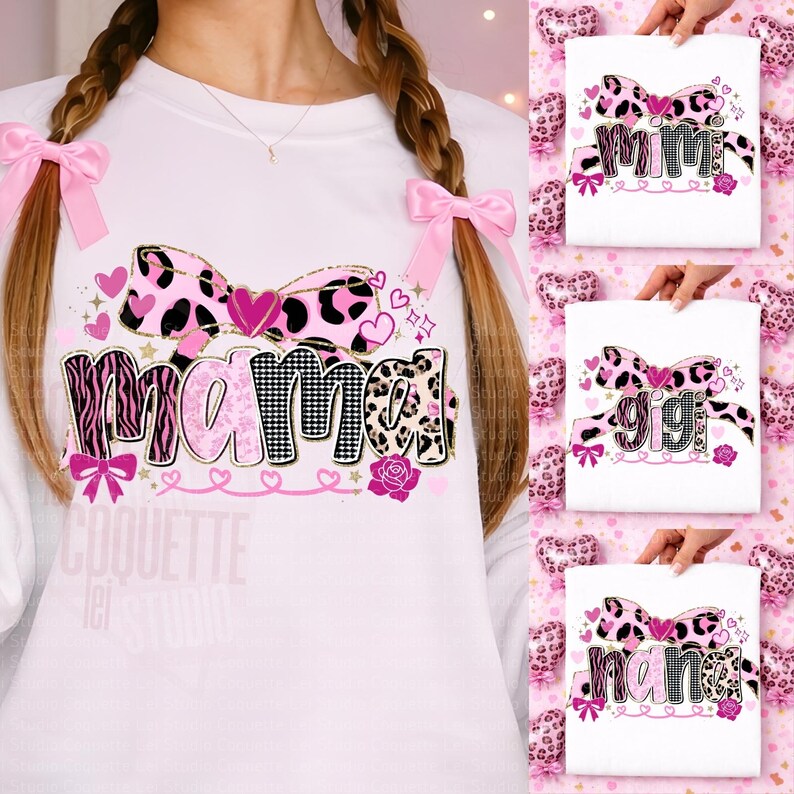 K&ouml;nnte beinhalten: Wei&szlig;es Langarmshirt mit einem rosa und schwarzen "Mama"-Motiv. Die Grafik zeigt eine Schleife, Herzen und florale Akzente. Das Wort "Mama" ist in einer Mischung aus Zebrastreifen, Rosa und schwarzen Mustern.