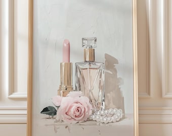 Parfüm, rosa Lippenstift, Rose und Perlen Eitelkeit Wandkunst (Digitaler Download), Beauty Zimmer Dekor, feminines druckbares Poster, Make-up-Liebhaber Geschenk