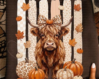 May include: A dark brown t-shirt featuring a central graphic of a Highland cow with a leopard print bow between its horns. The cow is surrounded by vertical patterned stripes, orange pumpkins, and brown autumn leaves in various sizes and textures.
