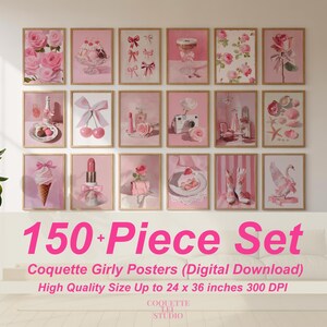 May include: A collection of 15 framed pink posters with coquette-themed illustrations. The images include roses, bows, desserts, and cosmetics. The text "150+ Piece Set" is displayed in pink, with the text "Coquette Girly Posters (Digital Download)" below.