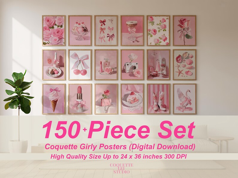 May include: A collection of 15 framed pink posters with coquette-themed illustrations. The images include roses, bows, desserts, and cosmetics. The text "150+ Piece Set" is displayed in pink, with the text "Coquette Girly Posters (Digital Download)" below.