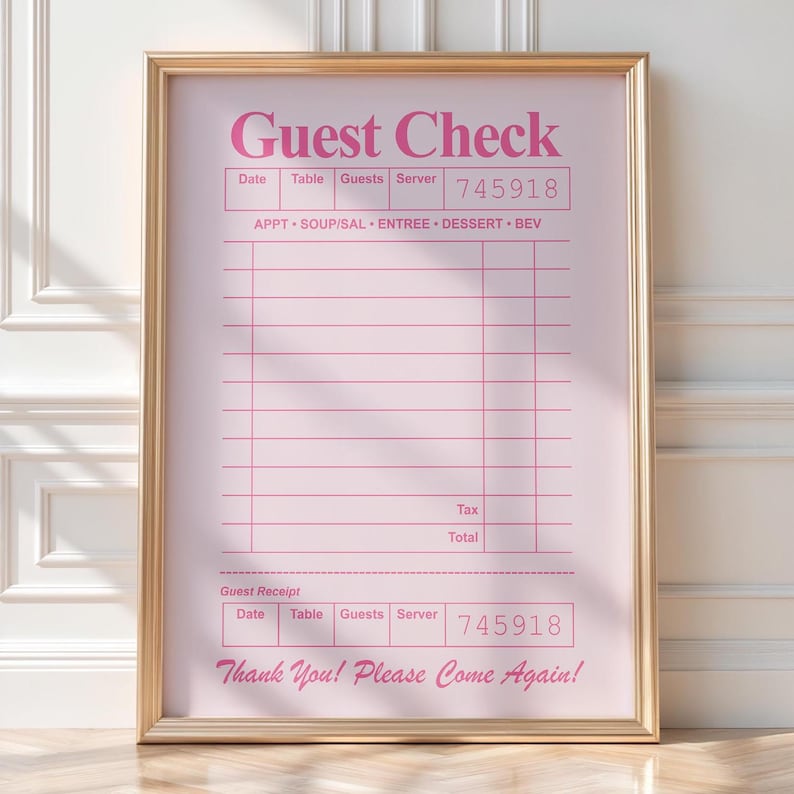 Blank Guest Check Print in Pink (digital Download), Retro Receipt ...