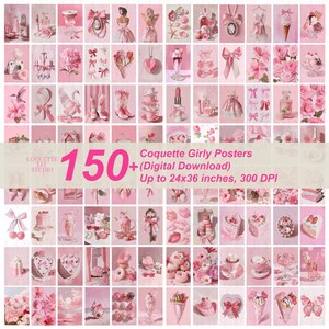 May include: A collection of 150+ pink digital download posters with a coquette girly theme. The posters feature various illustrations, including dresses, bows, desserts, and flowers. The text on the image reads "Coquette Girly Posters" and "Up to 24x36 inches, 300 DPI."