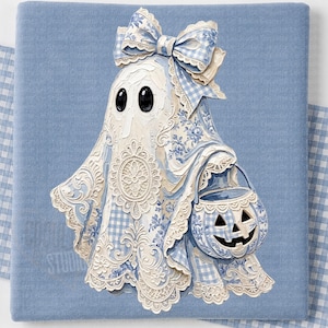 May include: A ghost illustration on a blue background featuring a white sheet with blue floral and gingham patterns, a large bow on top, and a matching jack-o'-lantern bucket. The ghost has two black oval eyes and intricate lace-like trim details.