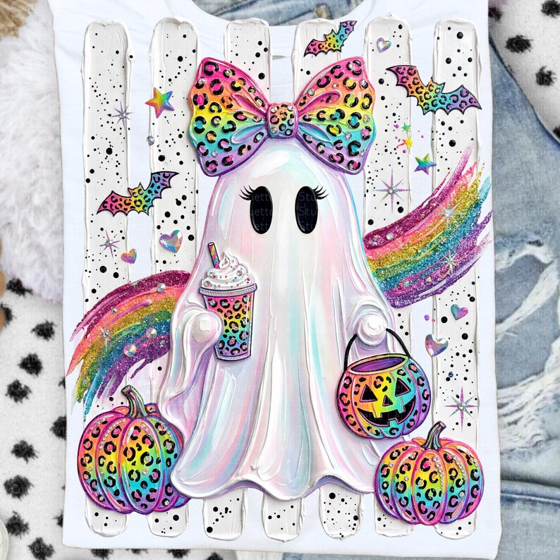 May include: A white t-shirt featuring a central graphic of a ghost with a rainbow leopard print bow, holding a matching leopard print cup and a jack-o'-lantern bucket. The design includes rainbow streaks, bats, stars, and two leopard print pumpkins.