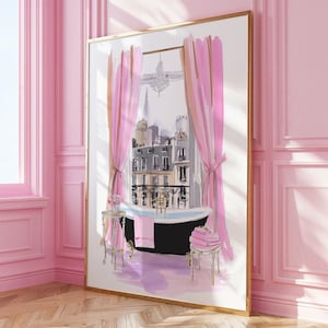 Väggkonst med badkar i Paris (digital nedladdning), utskrivbar rosa flickig, lyxig badrumsaffisch, elegant parisisk rumsinredning, sminkmålning