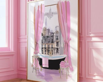Paris Bathtub Wall Art (Digital Download), Pink Girly Printable, Luxury Bathroom Poster, Chic Parisian Room Decor, Vanity Makeup Painting