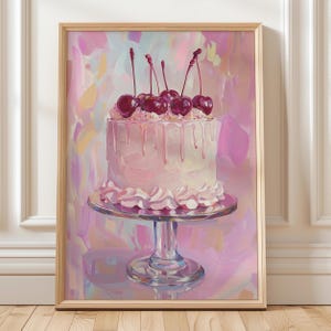 Rosa Kirschtorte Wandkunst | Girly Küche Printable | Süßes Dessert Kokette Digitaler Download | Trendiger Poster Ausdruck | Pastell Dekoration