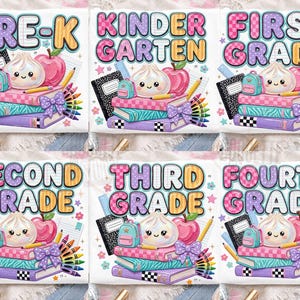 May include: A collection of six graphic designs for school years featuring stacks of colourful books, a smiling dumpling character, a red apple, a small backpack, and school supplies. Each design displays the text Pre-K, Kindergarten, First Grade, Second Grade, Third Grade, or Fourth Grade in a bold, multi-coloured, checkered, and solid font style.