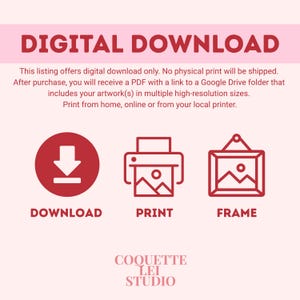 The image is a listing for digital download services, offering a range of options for customers to print, frame, or print from home, online, or from a local printer.