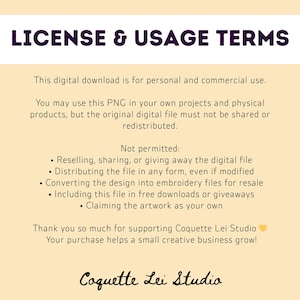 K&ouml;nnte beinhalten: Digitales Dokument mit dem Titel "LICENSE & USAGE TERMS" in Dunkelviolett. Der Text erl&auml;utert die private und kommerzielle Nutzung, erlaubte und verbotene Verwendungen und dankt den Kunden f&uuml;r die Unterst&uuml;tzung von Coquette Lei Studio.