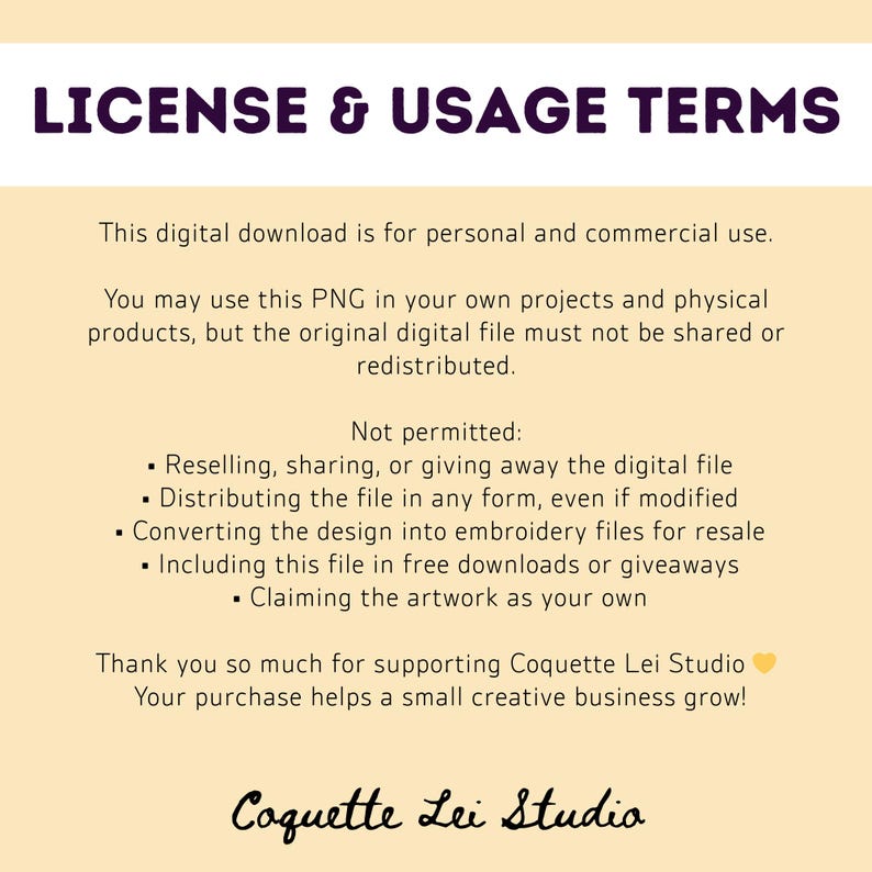 K&ouml;nnte beinhalten: Digitales Dokument mit dem Titel "LICENSE & USAGE TERMS" in Dunkelviolett. Der Text erl&auml;utert die private und kommerzielle Nutzung, erlaubte und verbotene Verwendungen und dankt den Kunden f&uuml;r die Unterst&uuml;tzung von Coquette Lei Studio.