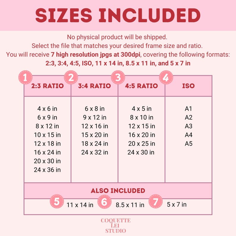 The image is a list of sizes that include different frame sizes and ratios, along with their corresponding resolution jps. The list does not contain any physical product being shipped, and it provides a visual guide for selecting the appropriate frame size and ratio based on the desired resolution.