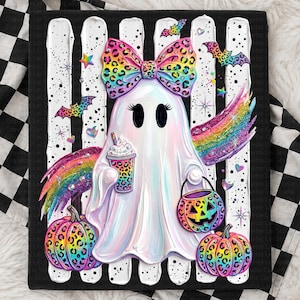 May include: A white ghost illustration featuring a rainbow leopard print bow, holding a matching leopard print cup and a jack-o'-lantern bucket. The design includes rainbow wings, colorful bats, stars, and two leopard print pumpkins on a black and white striped background.