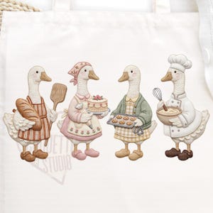 May include: White tote bag featuring four geese dressed as bakers. One goose holds a loaf of bread, another a cake, a third a tray of cookies, and the last a bowl and whisk. Each goose wears a different outfit, including aprons and a chef's hat.