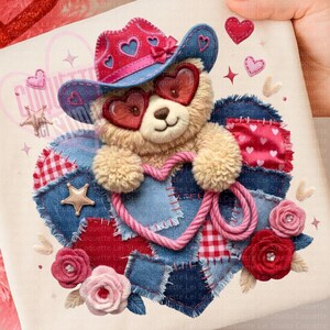 May include: A whimsical teddy bear wearing a cowboy hat and heart-shaped sunglasses, holding a pink heart. The bear is set against a denim patchwork heart, adorned with stars and roses. A charming Valentine's Day theme.