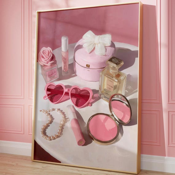 Makeup Accessories Wall Art (Digital Download), Trendy Printful Decoration Wall Art, Artful Coquette Print, Decoration Girly Wall Art, Pink