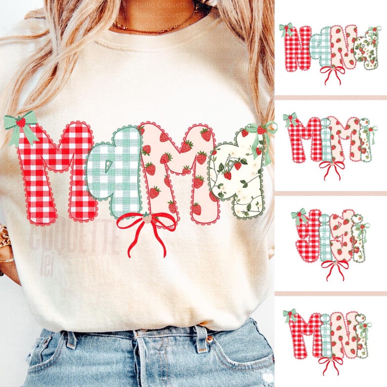 May include: A cream-colored sweatshirt with the word "MAMA" in a patchwork design. The letters feature red gingham, light green plaid, strawberry patterns, and floral prints, with red bows and scalloped edges.
