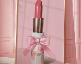 Pink Lipstick Wall Art (Digital Download), Coquette Vanity Decor, Girly Makeup Printable, Feminine Beauty Illustration, Girl Painting