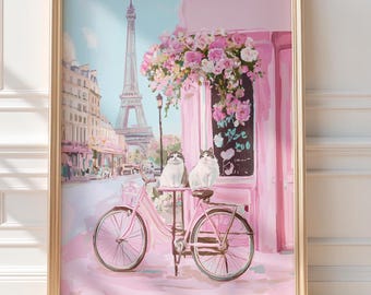 Cats in Paris with Eiffel Tower Pink Florals Wall Art (Digital Download), France Printable, Girly Travel Poster, Cityscape Painting