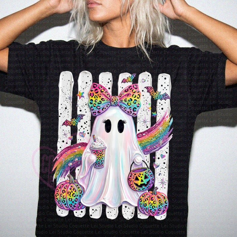 May include: A black t-shirt featuring a graphic of a white ghost wearing a large leopard print bow. The ghost holds a leopard print coffee cup and a jack-o'-lantern bucket, surrounded by rainbow wings, bats, and leopard print pumpkins.