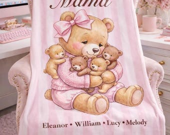 Mama Bear Personalized Blanket Custom Personal Name Throw Mothers Day Gift Moms Birthday Personally Customize Names TeddyBear Baby Shower