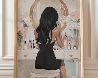 Black Haired Girl Beauty Room Vanity Wall Art (Digital Download), Girly Printable, Trendy Glam Poster Printout, Makeup Room Decor