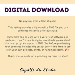K&ouml;nnte beinhalten: Eine digitale Download-Grafik mit dem Text "DIGITAL DOWNLOAD" in Lila. Das Bild enth&auml;lt Text &uuml;ber das Produkt, eine PNG-Datei zum sofortigen Download, und den Shop-Namen "Coquette Lei Studio".