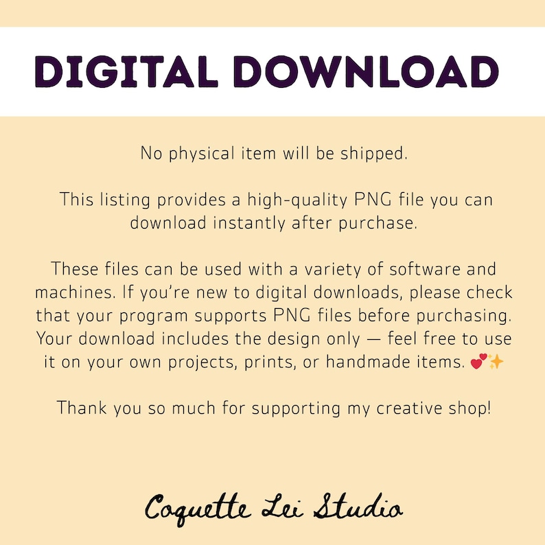 K&ouml;nnte beinhalten: Eine digitale Download-Grafik mit dem Text "DIGITAL DOWNLOAD" in Lila. Das Bild enth&auml;lt Text &uuml;ber das Produkt, eine PNG-Datei zum sofortigen Download, und den Shop-Namen "Coquette Lei Studio".