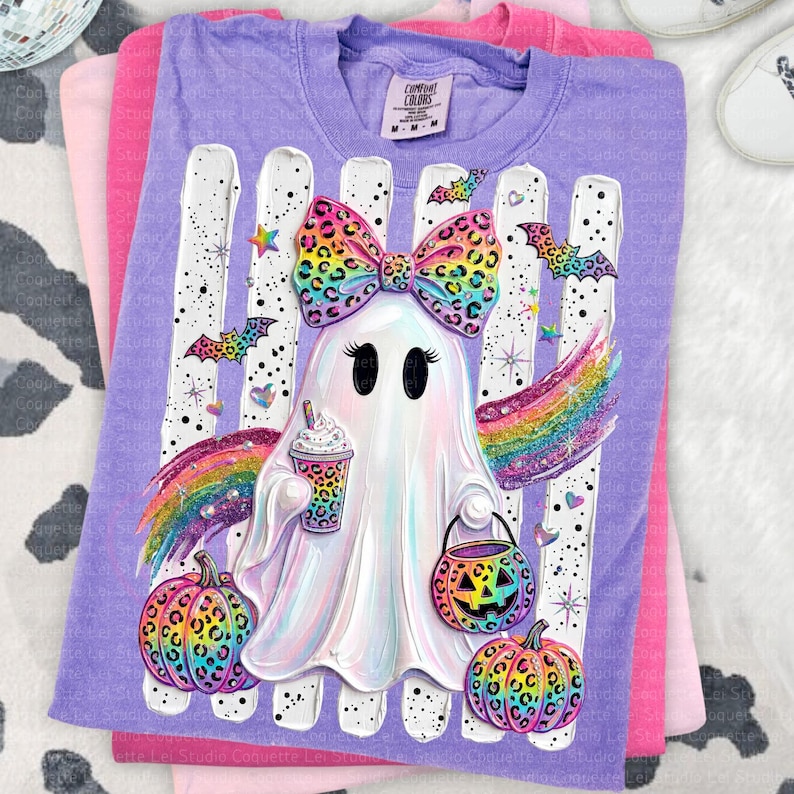 May include: A purple short-sleeve t-shirt featuring a graphic of a white ghost wearing a rainbow leopard print bow. The ghost holds a coffee cup and a jack-o'-lantern bucket, surrounded by rainbow leopard pumpkins, bats, and stars.