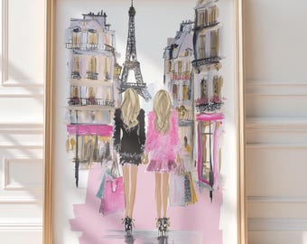 Fashion Girls in Paris Wall Art (Digital Download), Coquette Shopping Print, Eiffel Tower Painting, Girly Parisian Decor