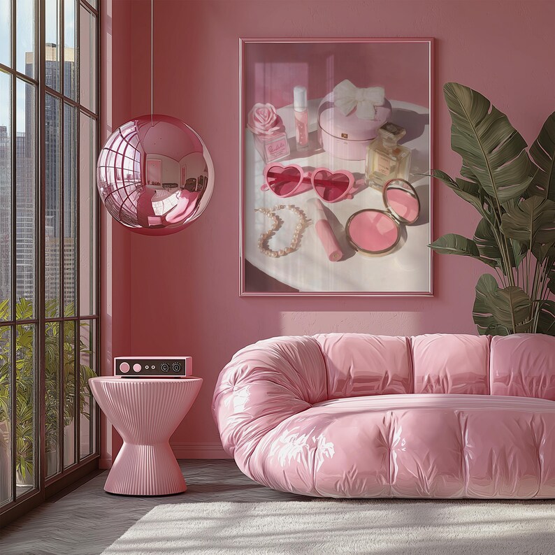 May include: A pink room with a large window, a pink sofa, and a side table. A framed picture on the wall displays beauty products, including heart-shaped sunglasses, a pearl necklace, and perfume. A large, round, pink, reflective light fixture hangs from the ceiling.