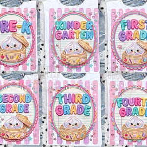 May include: A white t-shirt featuring a graphic of a cute dumpling in a bamboo steamer, surrounded by school supplies and text reading Pre-K, Kindergarten, First Grade, Second Grade, Third Grade, or Fourth Grade, with pink stripes.