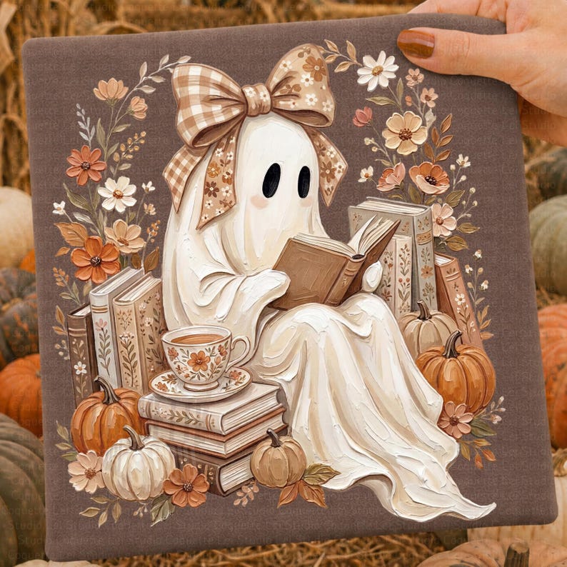 Puede incluir: Un panel de tela cuadrado con un fantasma blanco que lleva un lazo de cuadros beige, leyendo un libro entre pilas de libros, calabazas y una taza de t&eacute; floral. La ilustraci&oacute;n est&aacute; enmarcada por una corona de flores de colores oto&ntilde;ales.