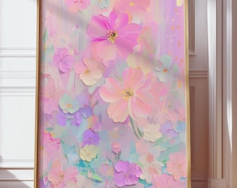 Regenboog bloemenkunst aan de muur (digitale download), pastel 3D-bloemschilderij, abstracte getextureerde bloesems, kleurrijke girly posterafdruk