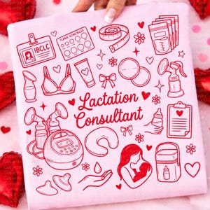 Könnte beinhalten: Ein rosa Quadrat mit roten Illustrationen zum Thema Stillen, darunter eine Milchpumpe, ein Still-BH und der Text "Lactation Consultant". Weitere Bilder sind ein Flanschgrößenlineal, eine Babyflasche und Aufbewahrungsbeutel.
