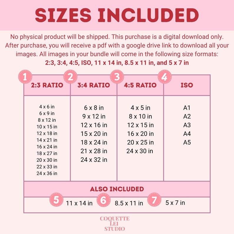 May include: A pink chart titled "SIZES INCLUDED" lists digital image sizes. Formats include 2:3, 3:4, 4:5 ratios, ISO, and standard sizes like 11 x 14 inches. The chart details various inch dimensions for printing.