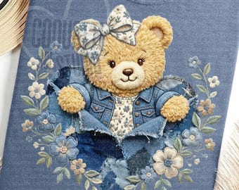 Spijkerjasje bloem teddybeer png, boho bloemrijk, cottagecore schattig png, oma kern, groots millenial, groots millennial decoratief png