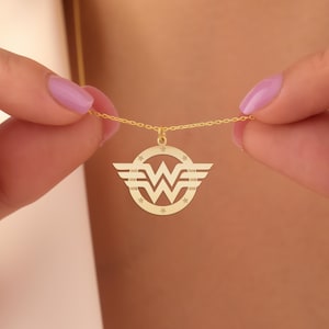 Wonder Woman Necklace | Superhero WW Logo Pendant Jewelry Gift for Comic and Movie Fans | Gold Plated Sterling Silver Pendant image 1