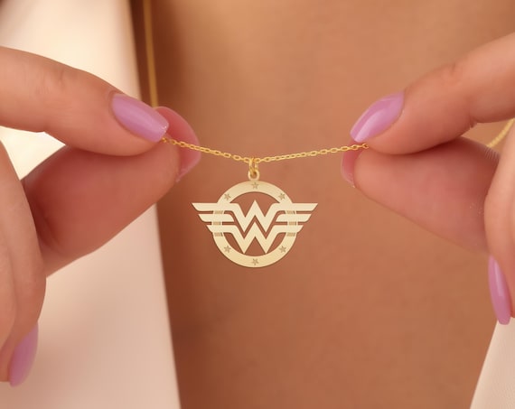 Wonder Woman Necklace | Superhero WW Logo Pendant Jewelry Gift for Comic and Movie Fans | Gold Plated Sterling Silver Pendant