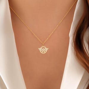 Wonder Woman Necklace | Superhero WW Logo Pendant Jewelry Gift for Comic and Movie Fans | Gold Plated Sterling Silver Pendant image 3