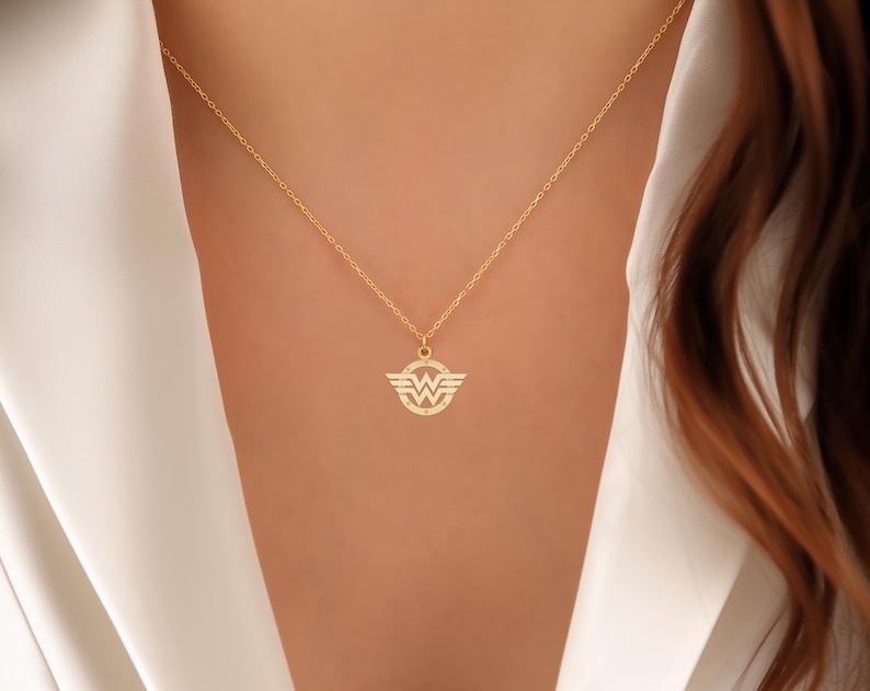 Wonder Woman Necklace | Superhero WW Logo Pendant Jewelry Gift for Comic and Movie Fans | Gold Plated Sterling Silver Pendant image 3