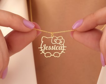 Personalized Cute Cat Necklace | Custom Name Kitty Pendant Jewelry Gift with Bow Design for Women and Girls | Gold Plated Sterling Silver