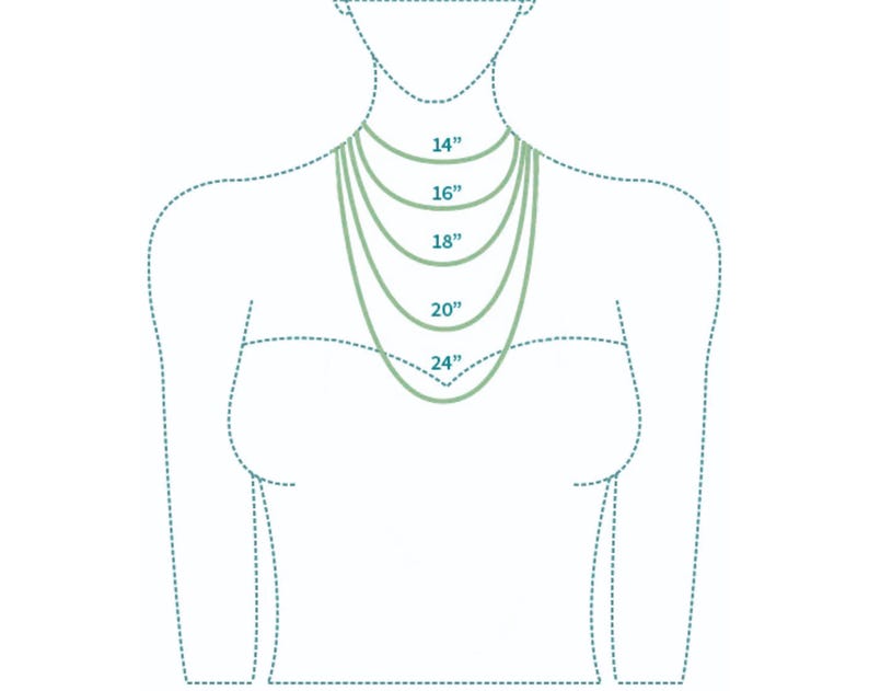 May include: Diagram illustrating necklace lengths. The image shows a stylized outline of a person's upper body with five green necklaces of varying lengths: 14", 16", 18", 20", and 24". The necklaces are displayed to visualize how they would hang.