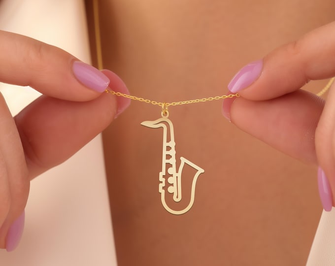 Saxophone Necklace: Gold Plated Sterling Silver Jazz Music Pendant for Musicians and Music Lovers