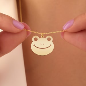 Frog Necklace: Gold Plated Sterling Silver Smiling Frog Face Pendant Cute Animal Jewelry